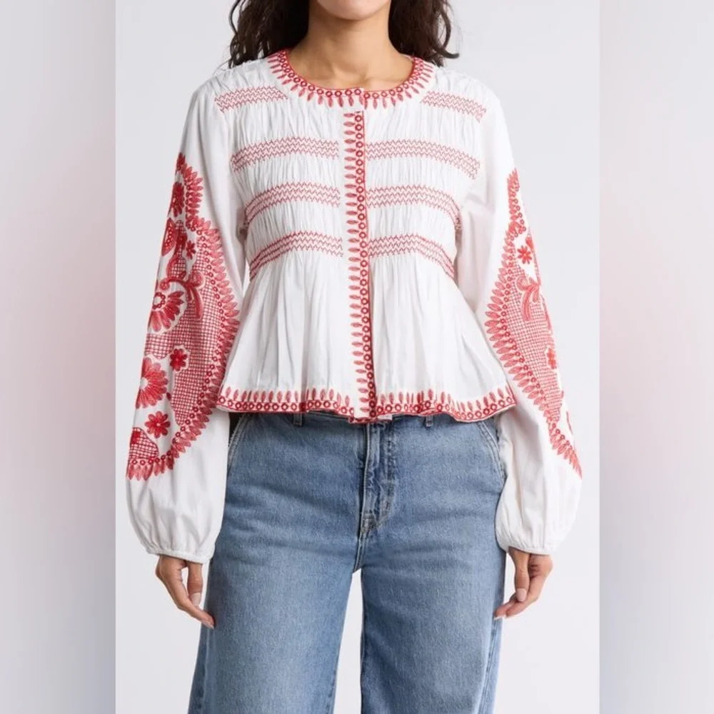 7 For All Mankind Embroidered Peplum Balloon Sleeve Snap Blouse Top NWT - Picture 1 of 9